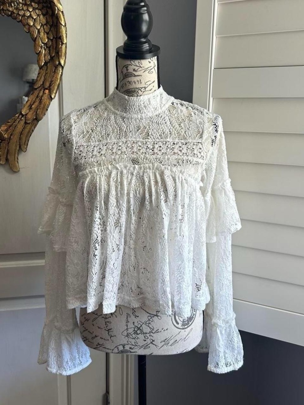 Free People White Lace Victorian-Inspired High Neck Blouse